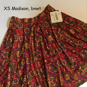 XS Lularoe Madison full skirt, red with flowers